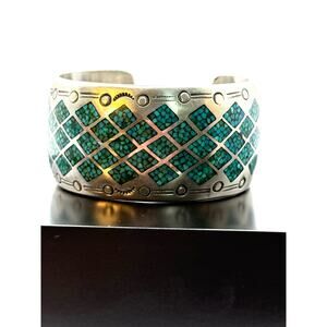 Vintage 925 Sterling Silver Navajo Turquoise Inlay Bracelet Signed AJ
